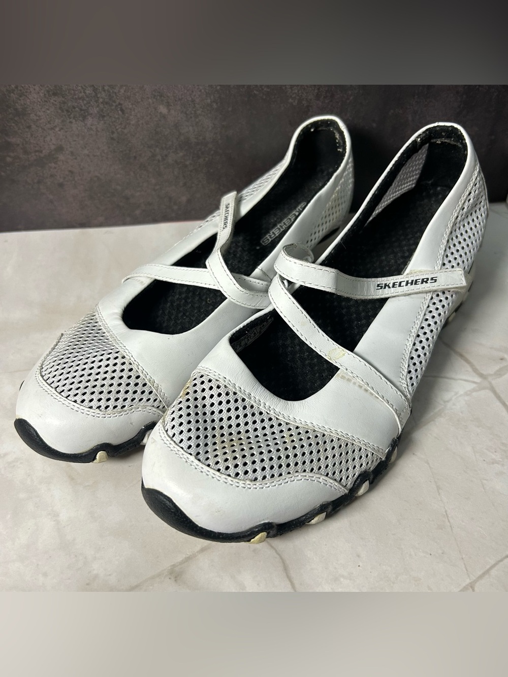 Skechers White Mesh Cross-Strap Flats